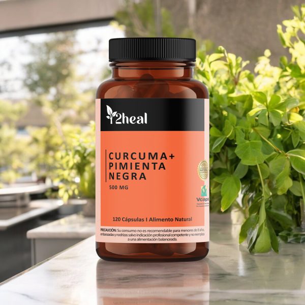 Botella con suplementos en pastillas de cúrcuma + pimienta negra